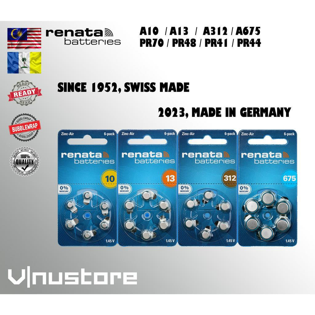 Renata Zinc Air Battery A10 / A13 / A312 / A675 / PR70 / PR48 / PR41 / PR44 305 mAh 1.45V 0% Mercury