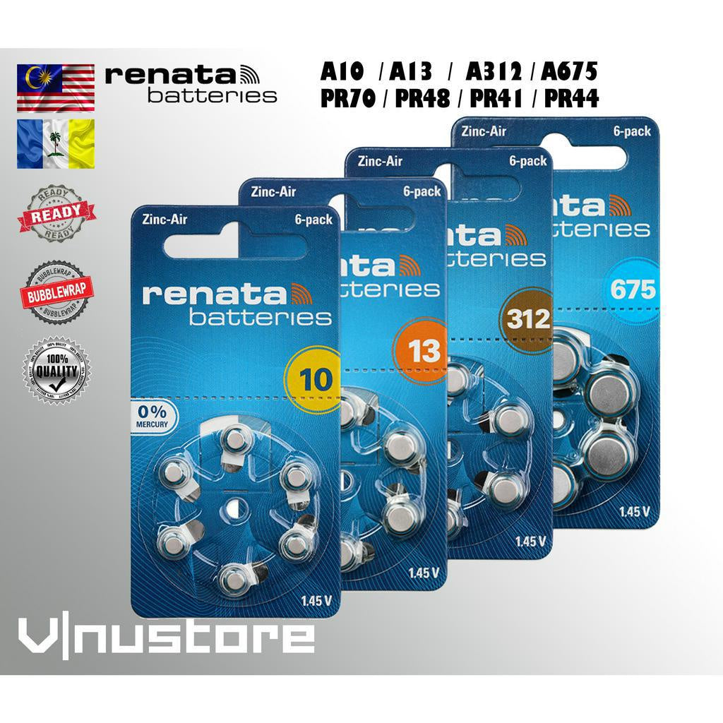 Renata Zinc Air Battery A10 / A13 / A312 / A675 / PR70 / PR48 / PR41 / PR44 305 mAh 1.45V 0% Mercury