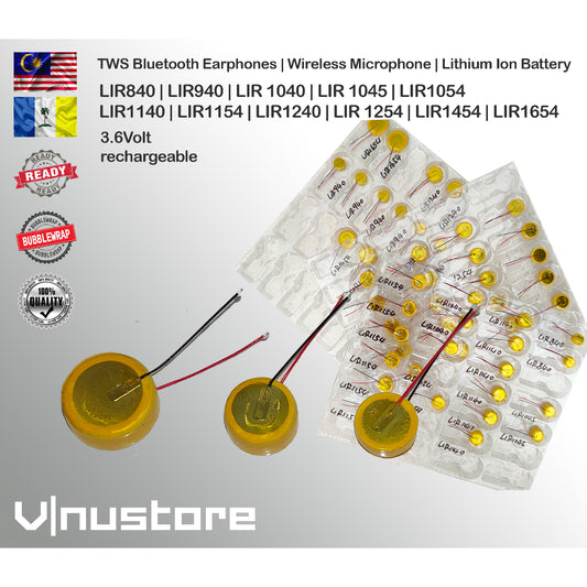 3.6V Rechargeable Li-ion Battery for TWS Bluetooth Earphones | LIR1054 LIR1254 LIR1154 LIR1140 LIR1454 LIR1654 LIR940