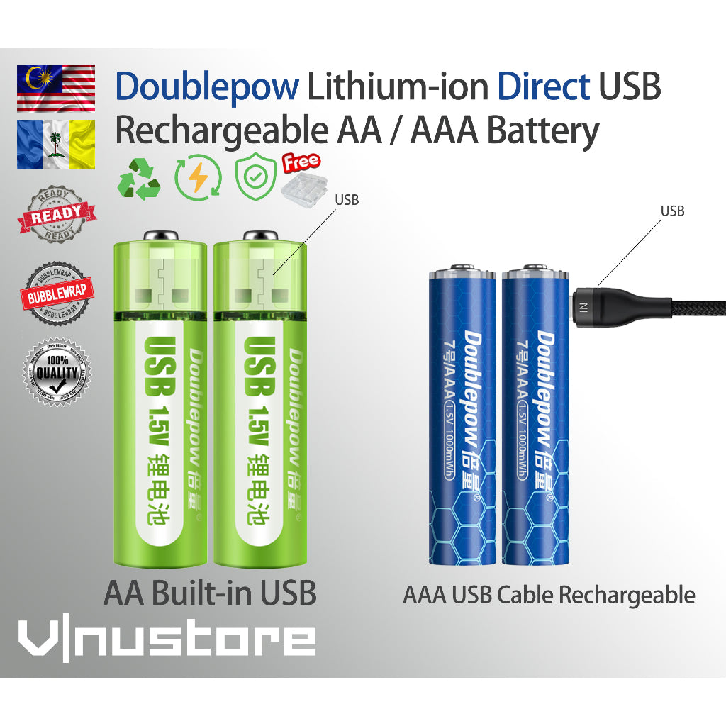 Original Doublepow USB rechargeable AA / AAA Battery | Built-in USB Port / Cable