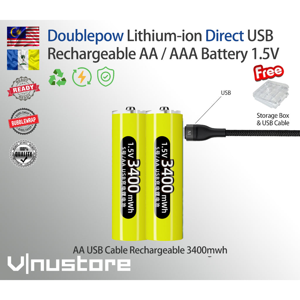 Original Doublepow USB rechargeable AA / AAA Battery | Built-in USB Port / Cable