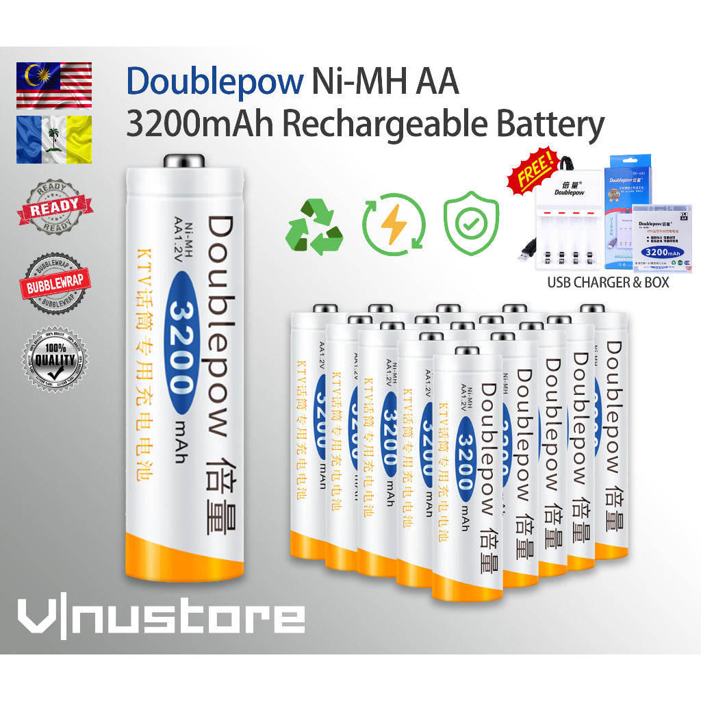 Original Doublepow Rechargeable AA Battery 3200mAh Ni-MH | FREE USB CHARGER & STORAGE BOX