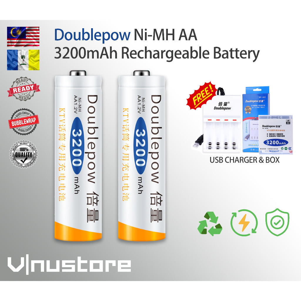Original Doublepow Rechargeable AA Battery 3200mAh Ni-MH | FREE USB CHARGER & STORAGE BOX