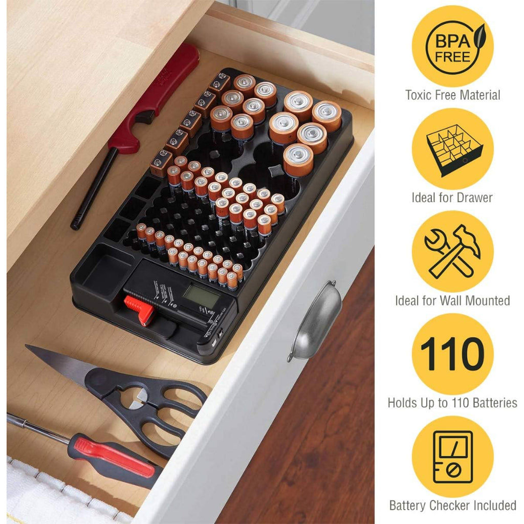 Ultra Battery Storage Box Compartment | Heavy Duty with Battery Tester Wall Mounted | Container for AA AAA C D 9V
