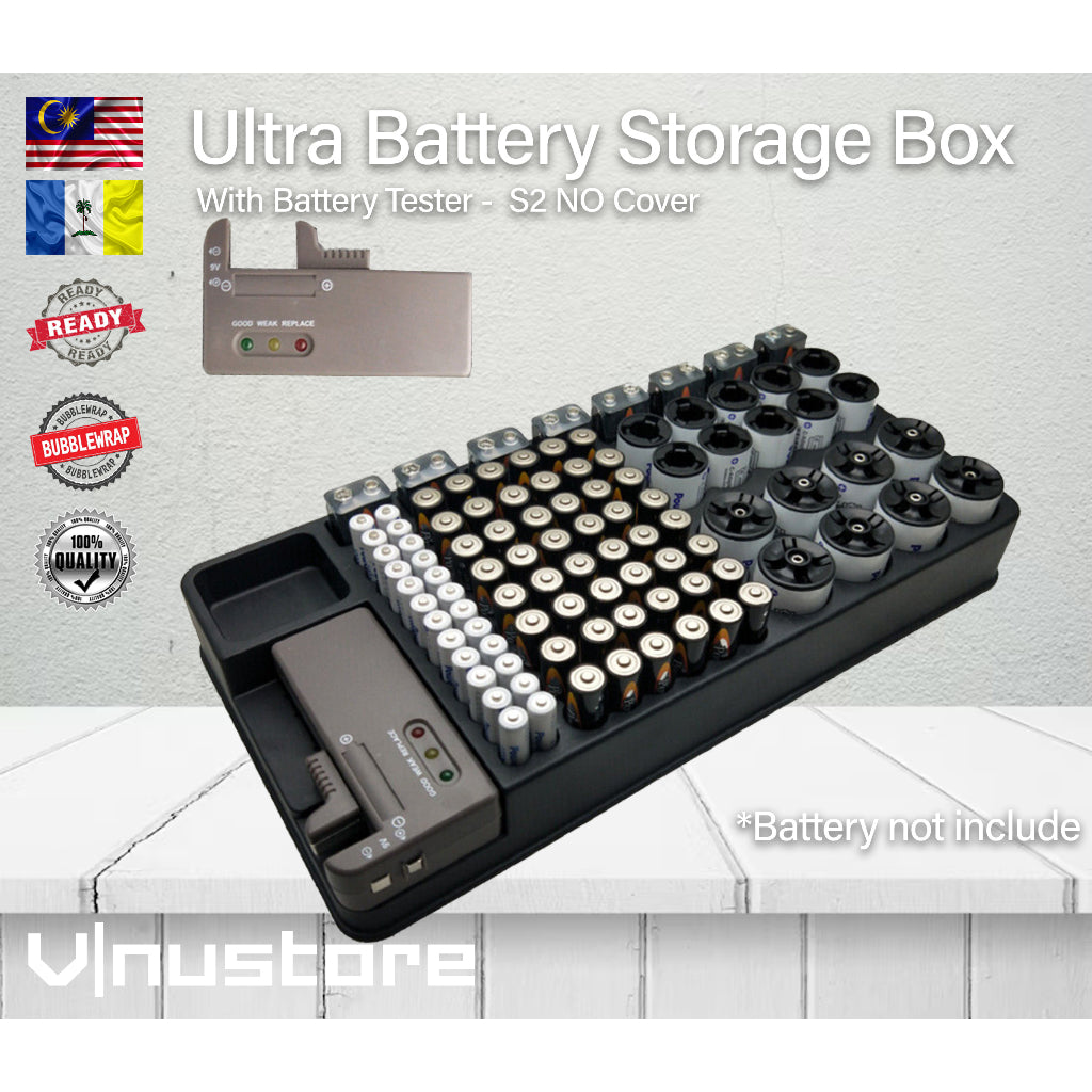 Ultra Battery Storage Box Compartment | Heavy Duty with Battery Tester Wall Mounted | Container for AA AAA C D 9V