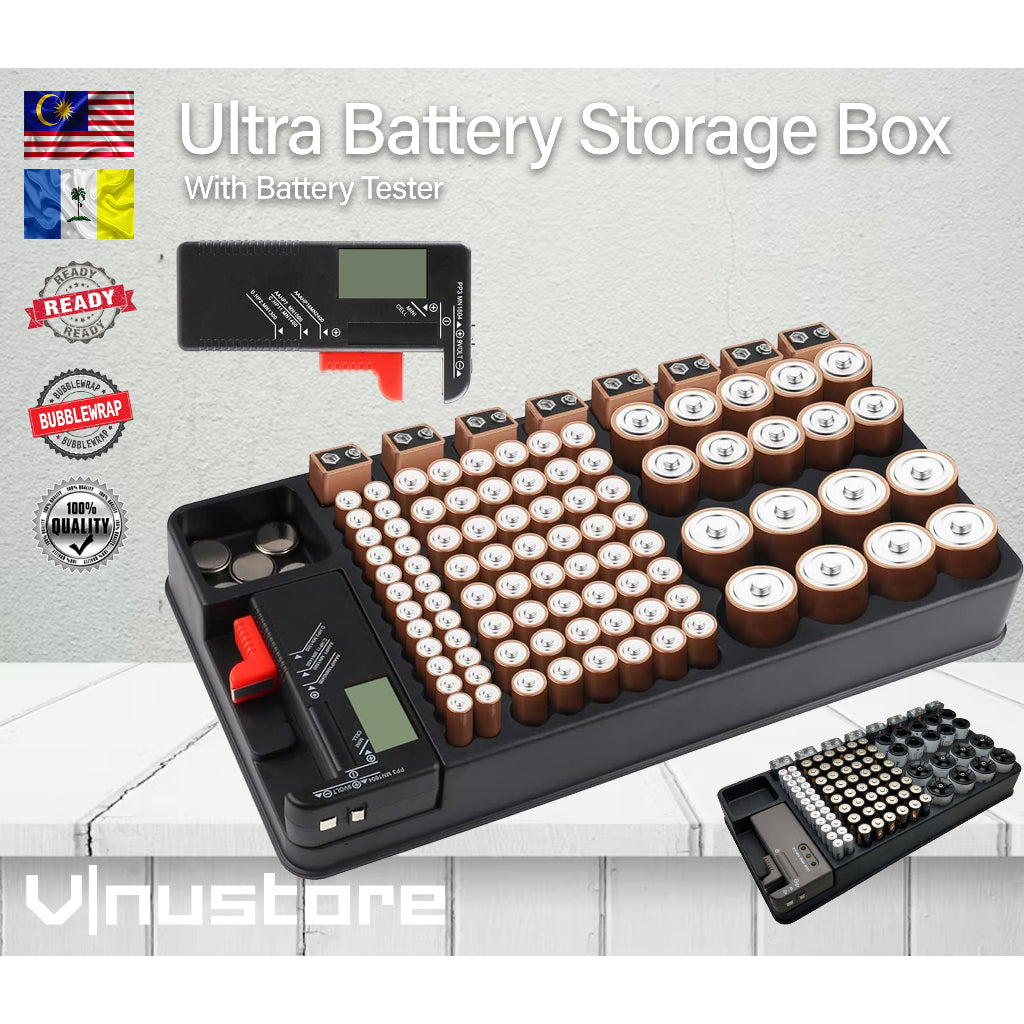 Ultra Battery Storage Box Compartment | Heavy Duty with Battery Tester Wall Mounted | Container for AA AAA C D 9V