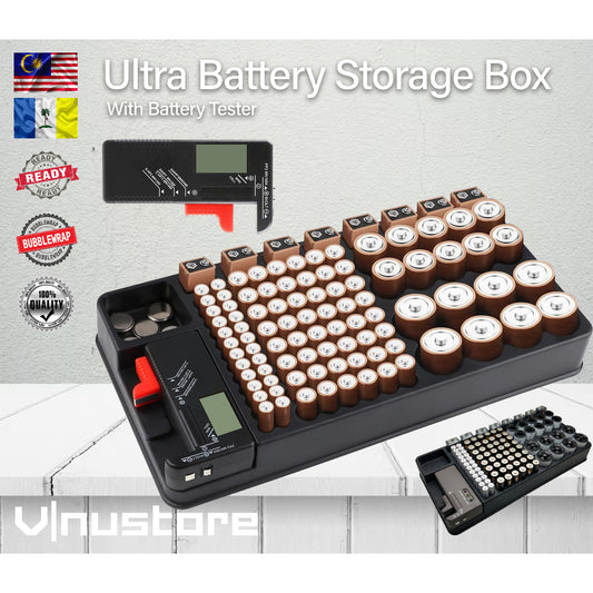 Ultra Battery Storage Box Compartment | Heavy Duty with Battery Tester Wall Mounted | Container for AA AAA C D 9V