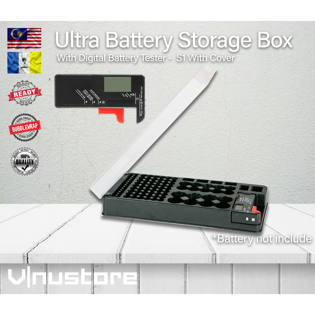 Ultra Battery Storage Box Compartment | Heavy Duty with Battery Tester Wall Mounted | Container for AA AAA C D 9V
