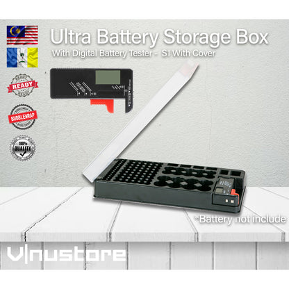 Ultra Battery Storage Box Compartment | Heavy Duty with Battery Tester Wall Mounted | Container for AA AAA C D 9V