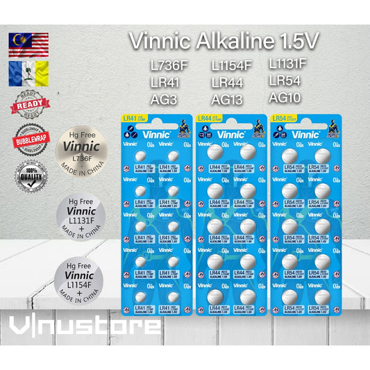 Vinnic Alkaline 1.5V Button Cell Battery 0% HG L626F L721F L736F L936F L1154F L1131F LR41 LR44 LR54 AG3 AG13 AG10 Watch