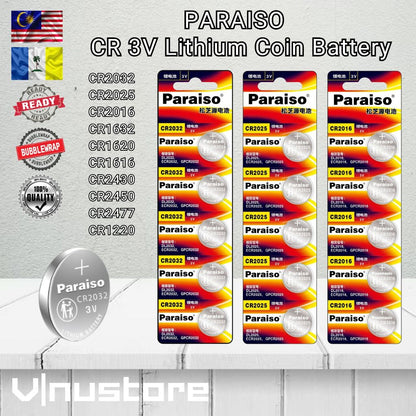 PARAISO 3V Lithium Coin Battery Cell | CR2032 CR2025 CR2016 CR1632 CR1620 CR1616 CR2430 CR2450 CR2477 CR1220