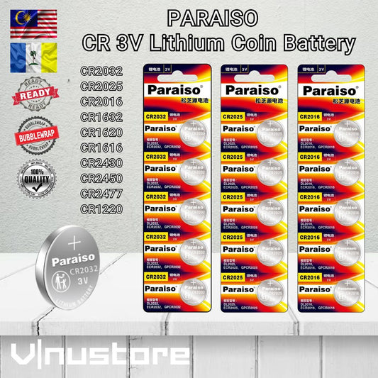 PARAISO 3V Lithium Coin Battery Cell | CR2032 CR2025 CR2016 CR1632 CR1620 CR1616 CR2430 CR2450 CR2477 CR1220