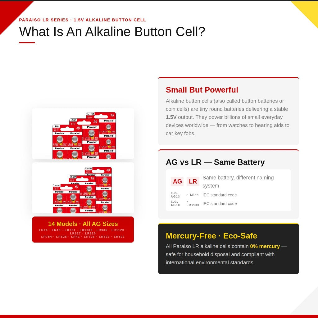 PARAISO 1.5V Alkaline Button Cell Battery AG13 LR44 AG10 LR1130 AG3 LR41 AG4 LR626 AG0 AG1 AG2 AG5 AG6 AG7 AG8 AG9 AG11
