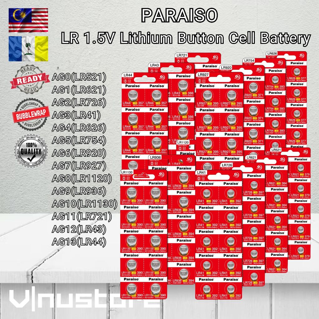 PARAISO 1.5V Alkaline Button Cell Battery AG13 LR44 AG10 LR1130 AG3 LR41 AG4 LR626 AG0 AG1 AG2 AG5 AG6 AG7 AG8 AG9 AG11