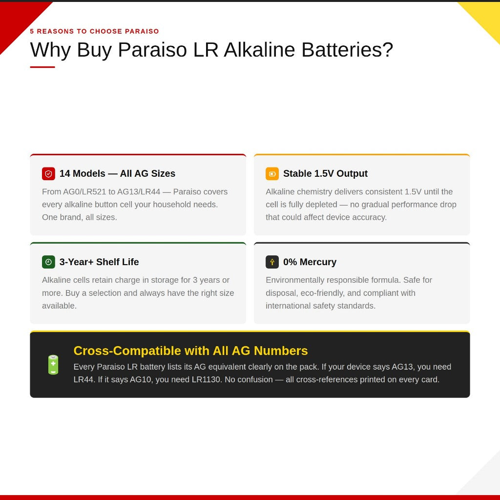 PARAISO 1.5V Alkaline Button Cell Battery AG13 LR44 AG10 LR1130 AG3 LR41 AG4 LR626 AG0 AG1 AG2 AG5 AG6 AG7 AG8 AG9 AG11