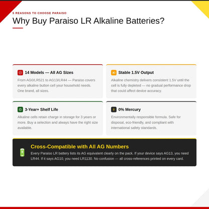 PARAISO 1.5V Alkaline Button Cell Battery AG13 LR44 AG10 LR1130 AG3 LR41 AG4 LR626 AG0 AG1 AG2 AG5 AG6 AG7 AG8 AG9 AG11